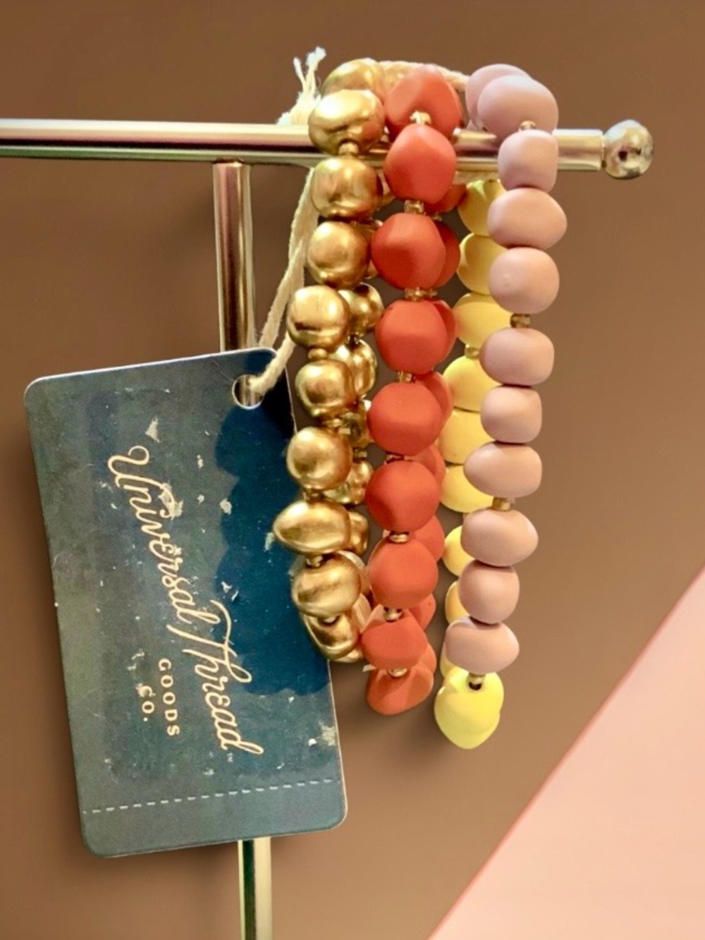 Trio of Stackable Bead Bracelet Set in Gold, Coral, Lavender & Yellow